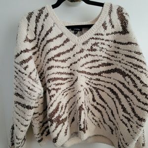 Cream and Brown Animal Print Cozy Plush V Neck Women's Sweater Size L